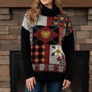 VTG MODA INTL WOOL TURTLE NECK  PATCHWORK WINTER SKI CHUNKY KNIT‎ WOMENS SWEATER